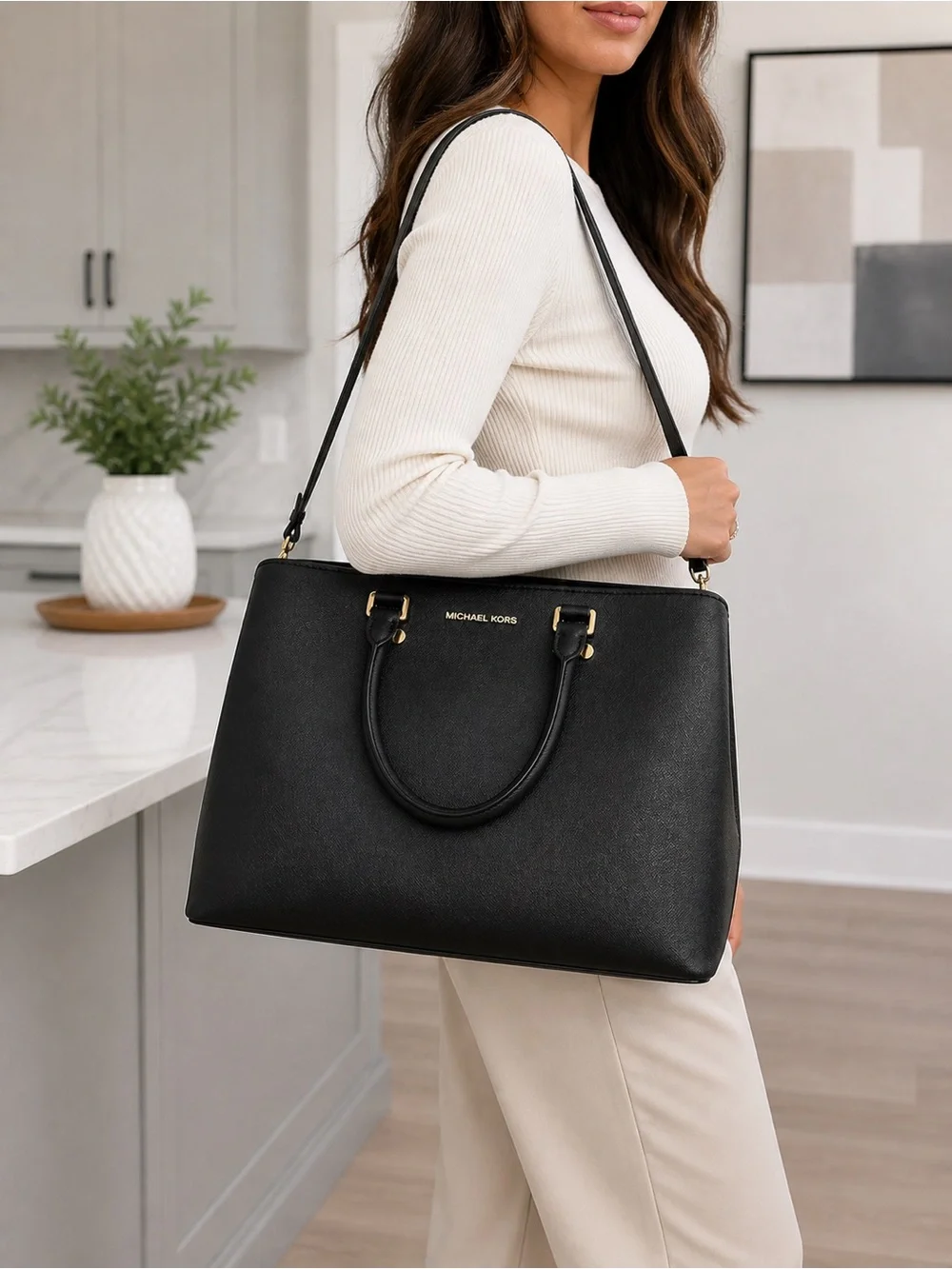 Michael Kors Savannah Black Saffiano Leather Satchel Gold Hardware